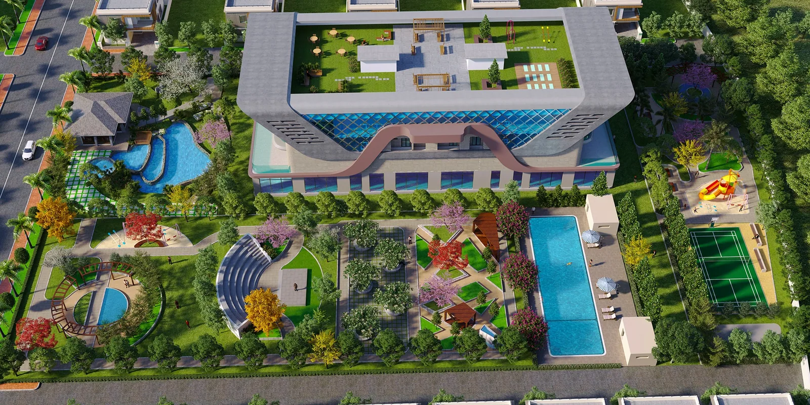 Clubhouse and amenities top view