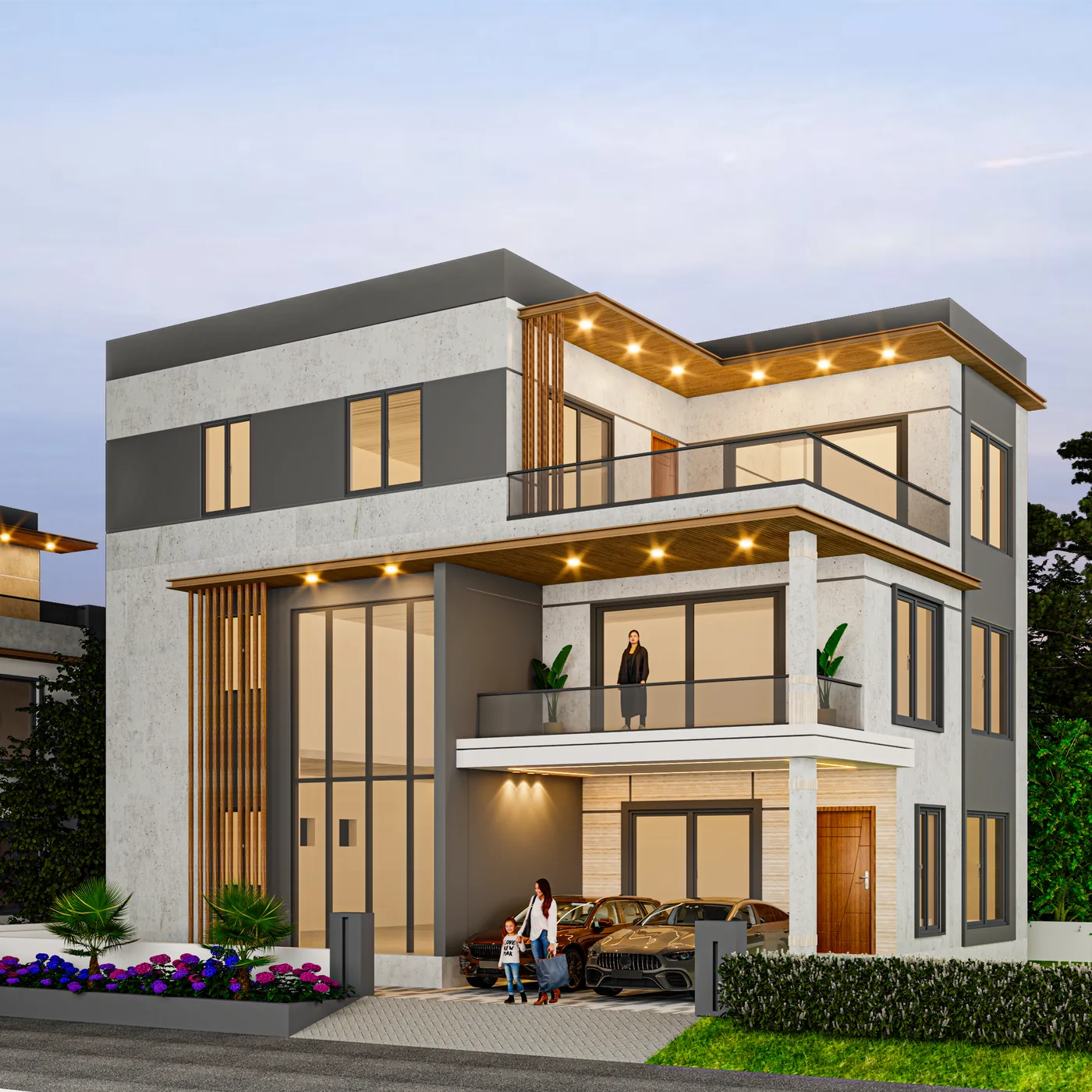 Night view of premium villa elevation